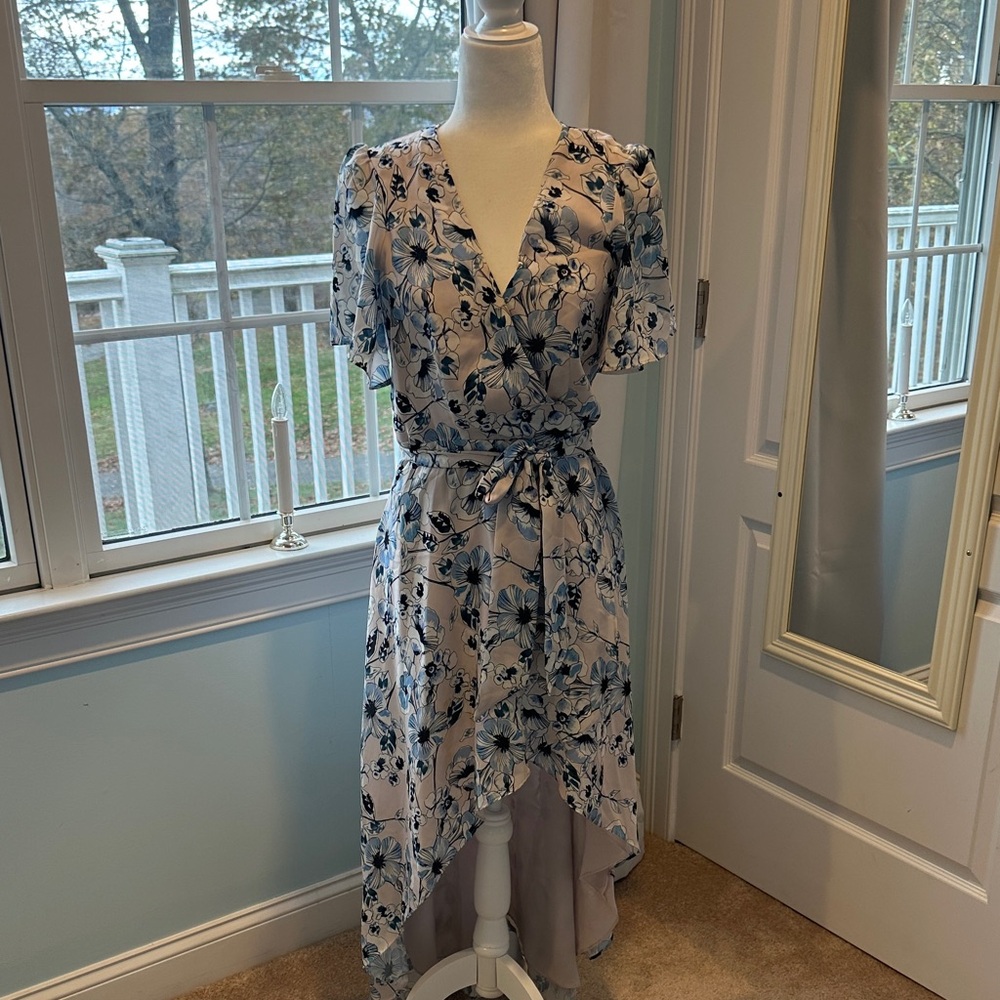 Parker Blue and White Floral High Low Dress